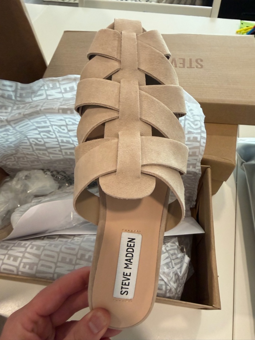 Steve Madden Beige Suede Woven Mule Slides